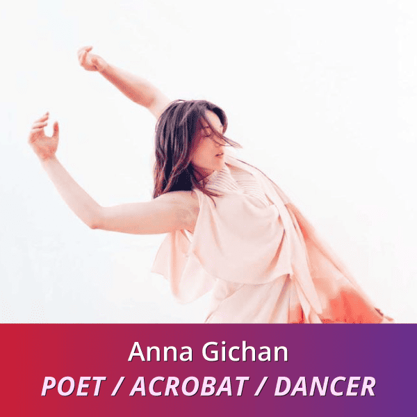 Anna Gichan: Poet/Acrobat/Dancer, a pale skinned woman with brown hair wearing a light pink dress; her arms are raised behind her in motion as she dances.