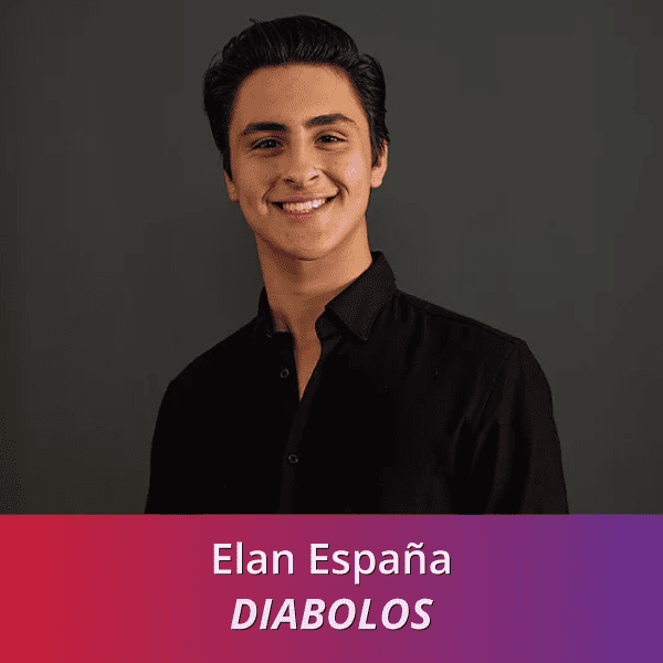 Elan España: Diabolos, a Hispanic man with dark hair wearing a black shirt