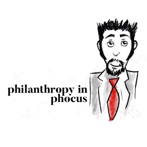 Logo: Philanthropy in Phocus with caricature of man in red tie