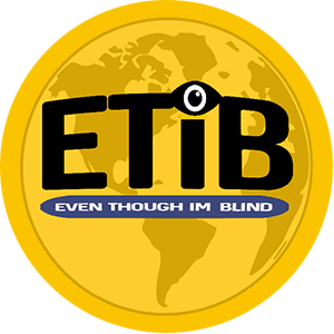 Graphic: "Even Though I'm Blind" black and blue/white lettering against yellow globe