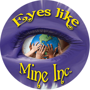 Graphic: "Eyes Like Mine Inc." with hands against a model globe, inside a purple eye socket