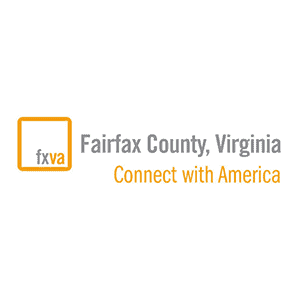 Graphic: "Fairfax County, Virginia: Connect With America" logo with "fxva" icon and grey/orange lettering
