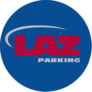 Graphic: "LAZ Parking" logo with red and white lettering against blue background